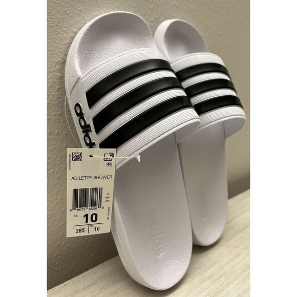 Adidas Mens Sz 10 Adilette Black White Shower Slide Open Toe Sandals NEW! - Picture 12 of 14